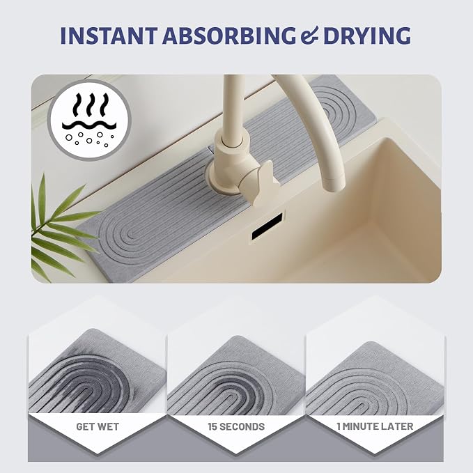 Fast Drying Stone Faucet Mat for Kitchen Sink stone quick dry around faucet | Sink Splash Guard Water Absorbing Stone Tray for Sink, Counter Protector Matt for Kitchen & Bathroom - Image 3
