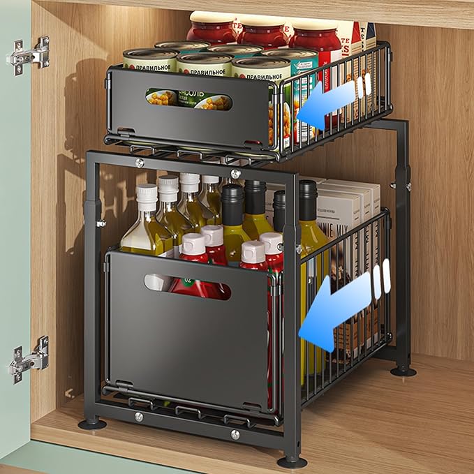 Under Sink Organizer, 2-Tier Multi-Use Kitchen and Bathroom Organizers and Storage, Slide Out Thickened Metal Under The Sink Organizer for Kitchen Bathroom Pantry (Style A Black, 1 Pack) by Unknown