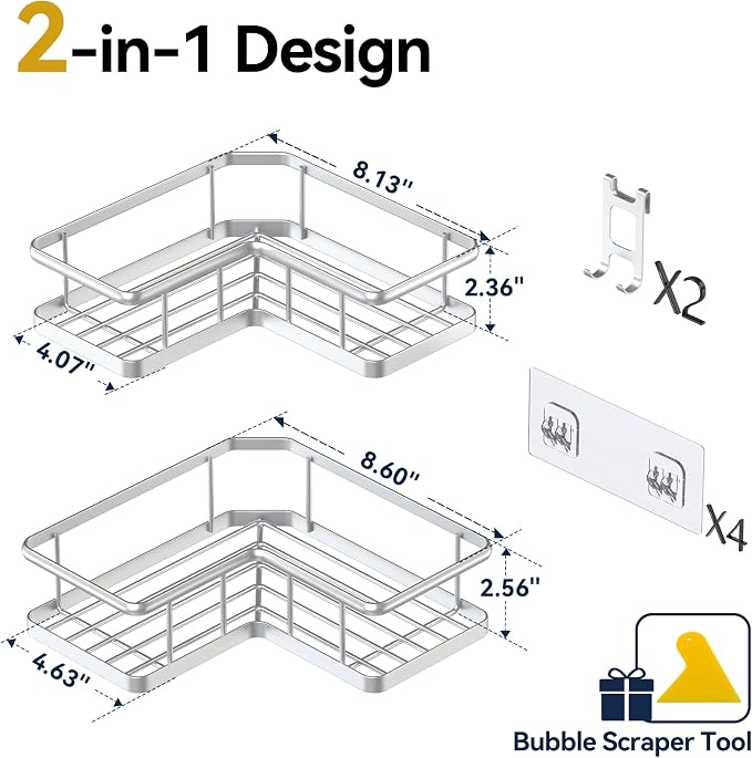Corner Shower Caddy Adhesive, 100% Rustproof Shower Organizer, No Drill Shower Shelf for Inside Shower, Wall-Mounted Shower Storage for Homes (2 Pack, Silver) - Image 2
