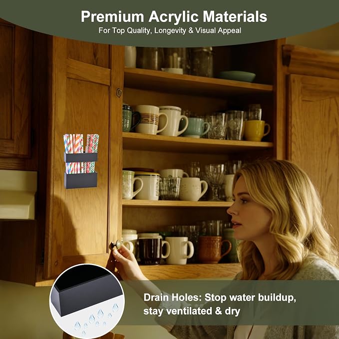 2 PACK Small Acrylic Straw Holder for Cabinet Doors，Straw Organizer Storage with Most Sizes，Multi-Function Kitchen Accessories Container with Adhesive Round Pads(BLACK AND WHITE) - Image 3