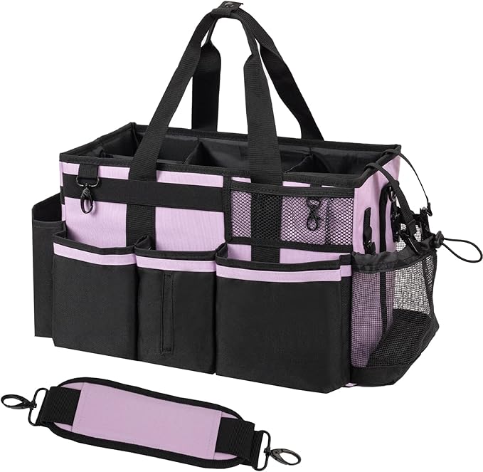 SCAVATA Wearable Cleaning Caddy, Cleaning Caddy Supplies Organizer with Handle & Shoulder Straps for Housekeepers, Under Sink & Car Cleaning Tool Organizers Bag with 4 Foldable Divider (Lilac) by Tidyyourlife