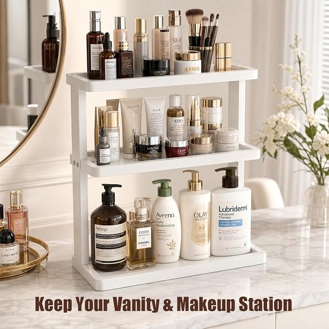 PEKER Bamboo Bathroom Organizer Countertop – Vanity Storage Shelf for Makeup, Perfume, Skincare – Natural Cosmetics Display Rack for Dresser, Sink, Kitchen – White - Image 8