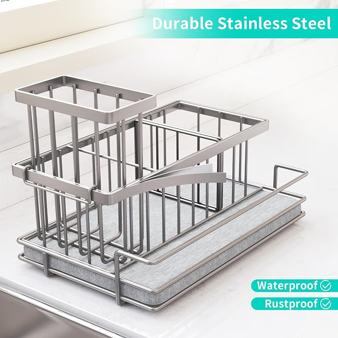 HapiRm Sink Caddy Sponge Holder - Kitchen Sink Organizer with Instant Drying Stone and Brush Holder, Stainless Steel Sponge Caddy for Kitchen Countertop - Brushed Nickel - Image 4