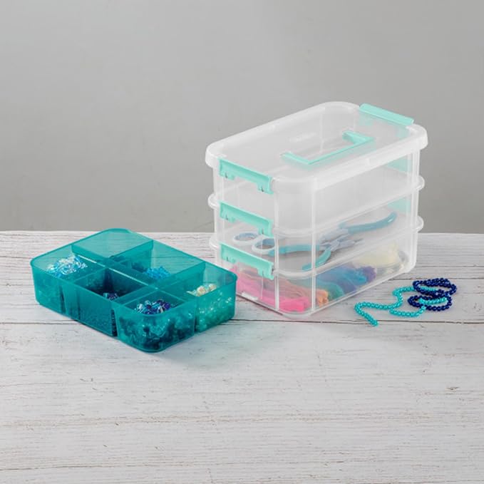 Sterilite 24 Pack Plastic Storage Box Container, 3 Layer, Stack and Carry, Clear/Blue - Image 8