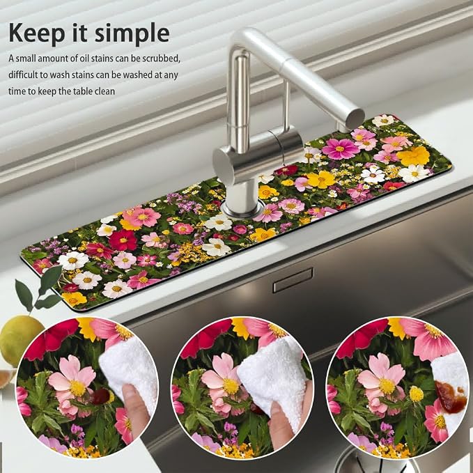 Bimkole 1 PCS Faucet Absorbent Mat, Kitchen Faucet Sink Splash Guard Wraparound Cloth Pads Drip Catcher for Sink Faucet for Kitchen Bathroom Faucet, Colorful Faucet Mat, 15 x 4 Inch Flower A8 - Image 5