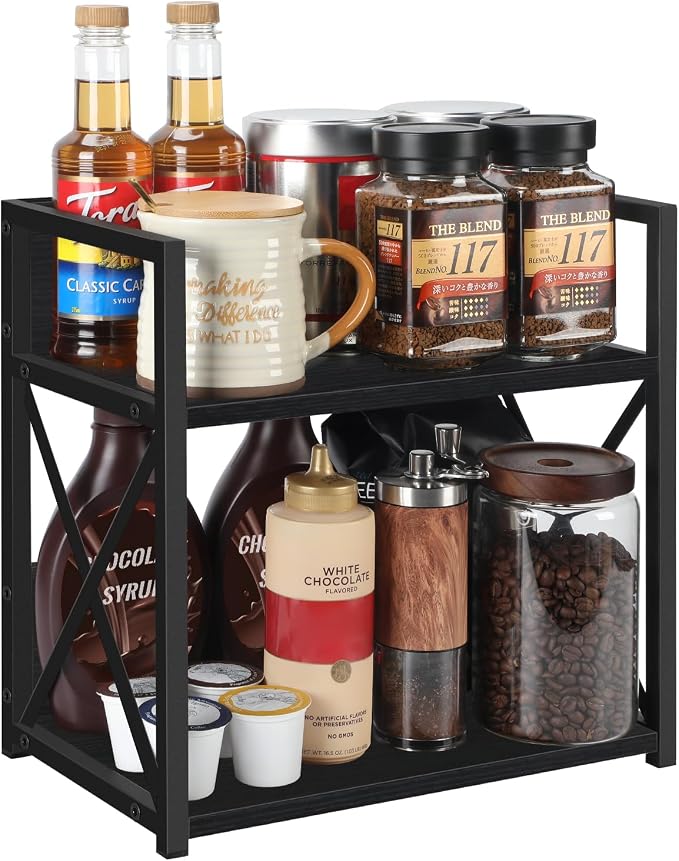 YINMIT Kitchen Countertop Organizer,Spice Rack,Coffee Bar Shelf Organizer | 2-Tier Coffee Station,Seasoning Storage,Syrup,Mug Cup,Bottle Holder,Bathroom Vanity,Pantry,Bedroom and Office,Black,Medium - Image 8