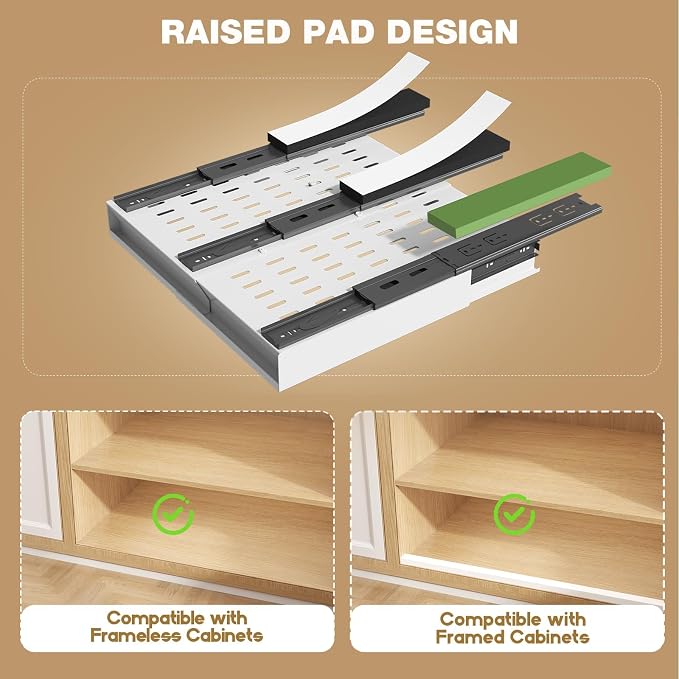 Seinloes Pull Out Cabinet Organizer, 4-Side Expandable to Fit Most Cabinets, 3 Rail Slide Out Drawers with Raising Pad for Framed & Frameless Cabinets, 11"-16" W x 13"-17" D, White, 2 Pack - Image 4