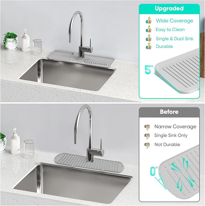 17.7'' Faucet Mat for Kitchen Sink [5°Slope Fast Self-draining] Kitchen Sink Splash Guard Silicone Sink Faucet Mat Splash Guard Kitchen Sink Area Tidy Splash Faucet Guard Draining Mat-Light Gray - Image 6