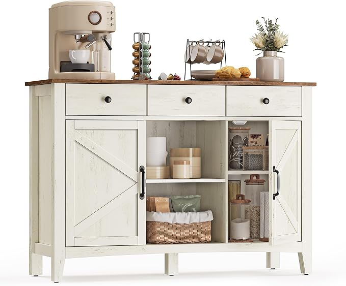 VASAGLE LIRY Collection - Coffee Bar Cabinet, Kitchen Storage Cabinet with 3 Drawers, Farmhouse Sideboard with Adjustable Shelf for Kitchen, Rustic White and Honey Brown UBBK371W01V1S by Unknown