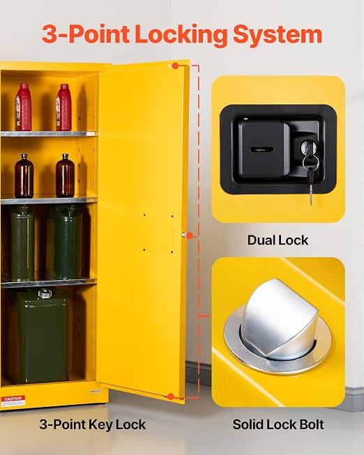 VEVOR Flammable Cabinet 18" x 23" x 65", 23 Gallon Flammable Storage Cabinet with Adjustable Shelf, Cold-Rolled and Galvanized Steel Fire Cabinets, for Commercial Industrial Home Use, Yellow - Image 6