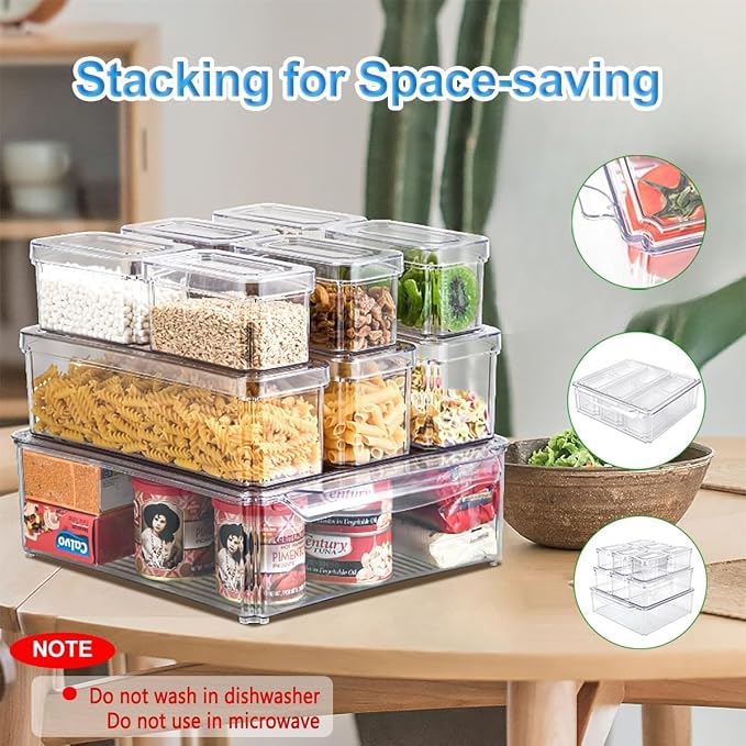 KUMD 10 Pack Food Storage Organizer Bins, Clear Stackable Containers | Organizer bins with lids for food packets, snacks, spice pouches, tea & dry goods. Fits pantry, kitchen cabinet & countertop - Image 2