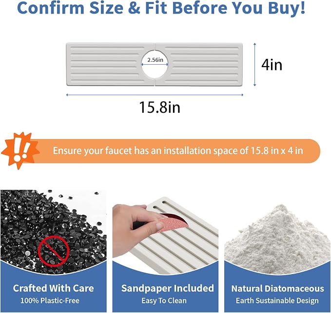 Faucet Mat for Kitchen Sink, Water Absorbent Kitchen Faucet Mat, Durable Sink Splash Guard with Raised Feet, Diatomite Fast Drying Kitchen Sink Faucet Mat, Bathroom Stone Drying Tray for Counter - Image 3