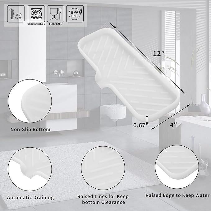 MicoYang Silicone Soap Dish with Drain Spout — Self-Draining Double Sink Organizer Tray for Kitchen & Bath, Dispensers, Sponges & Soap Holder, Non-Slip & Dishwasher Safe, Translucent (Large, 12"×4") - Image 2