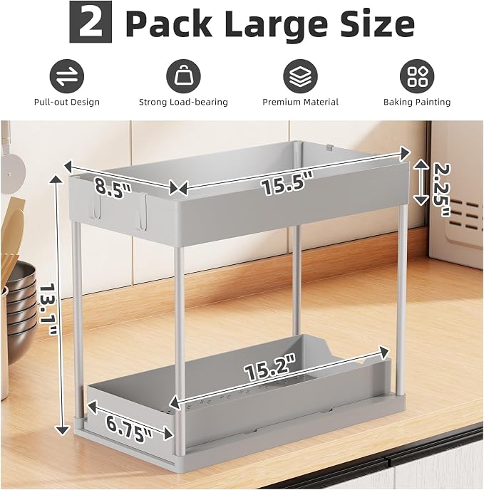 Simple Trending Under Sink Organizer 2 Pack, with Sliding Drawer, Grey | 2-Tier Multi-Use Under Shelf Organizer with Hooks, Sink Pull-Out Sliding Storage Cabinet for Kitchen Bathroom, Easy Assembly - Image 2