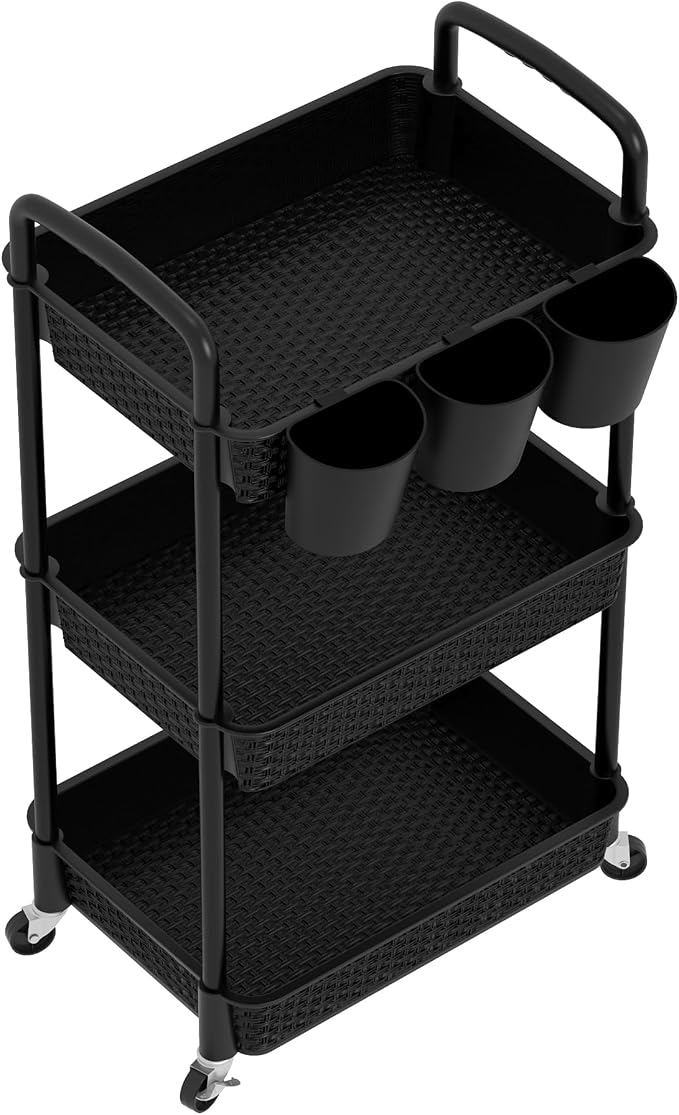 MOYIPIN 3-Tier Plastic Rolling Utility Cart with Handle,Utility Storage Cart for Office, Living Room, Kitchen,Movable Storage Organizer Shelves,Black with 3 Hanging Cups - Image 9