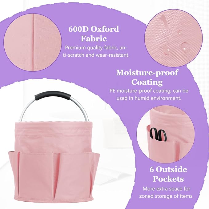 2Pcs 17L College Shower Caddy for Women, Bathroom Cleaning Caddy with Handle, 600D Oxford Fabric Cleaning Supplies Bucket, Multifunctional Storage Basket for Dorm, Family, Pink + Transparent - Image 6