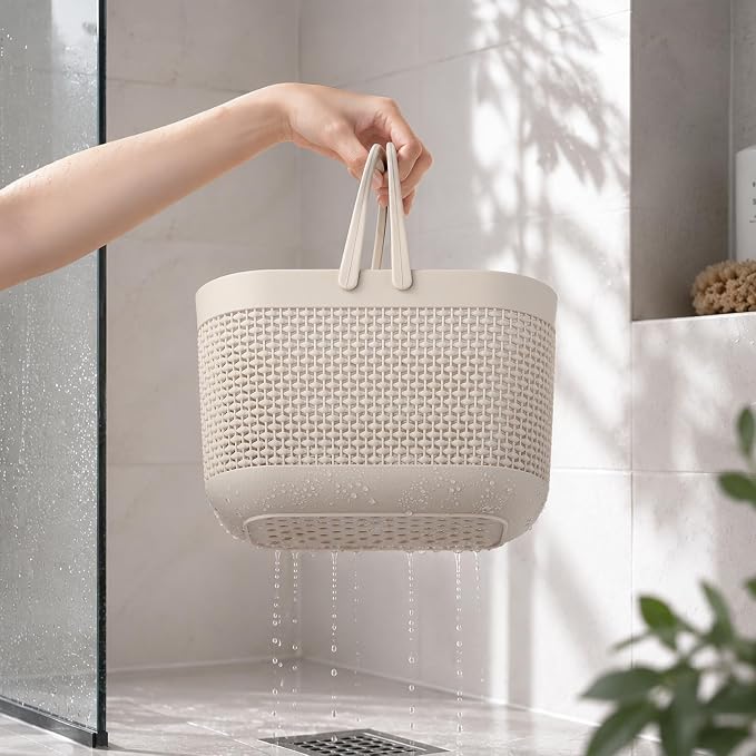 Plastic Portable Shower Caddy Basket, Storage Organizer with Handle, Beige | Bottom Drain Holes, Keep Dry, Sturdy and Durable, Easy to Carry for Bathroom, Kitchen, Dorm Room, RV, College - Image 3
