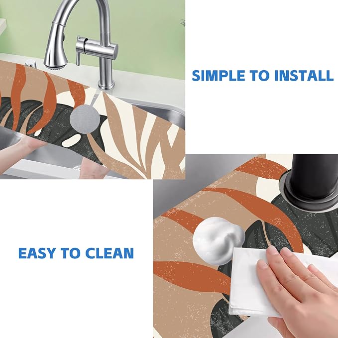 Mid Century Boho Leaves Kitchen Sink Splash Guard Absorbent Fast Drying Mat Faucet Draining Guard Behind Faucet Drip Catcher for Kitchen Bathroom 5.5"24" - Image 5