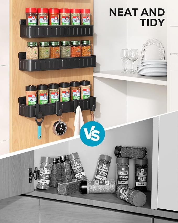 Nieifi Spice Rack Wall Mount, 4 Pack Black, 2" Depth, Screw/Adhesive | Wall-Mounted with Removable Hooks Saves Counter Space, Fits 2" Deep Jars, Ideal for Kitchen Cabinets, Pantry Doors, and RVs - Image 5