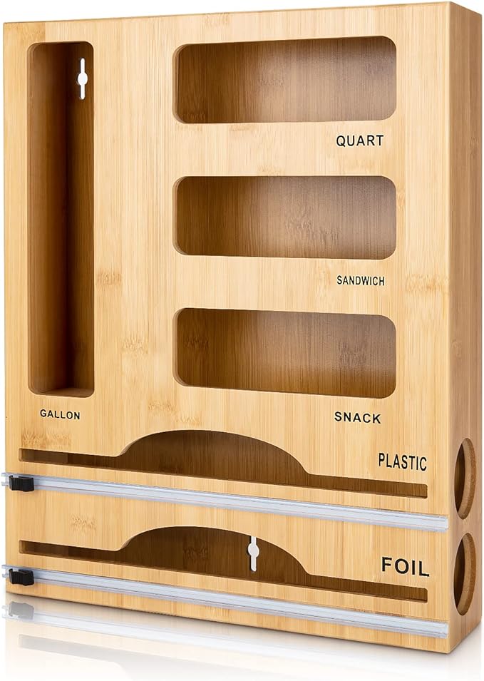 Storage Bag Organizer with Foil and Plastic Wrap Organizer , Aluminum Foil Dispenser with Cutter, Bamboo 6 in 1 Baggie Organizer Suitable for Gallon, Quart, Sandwich, Snack by Jitner