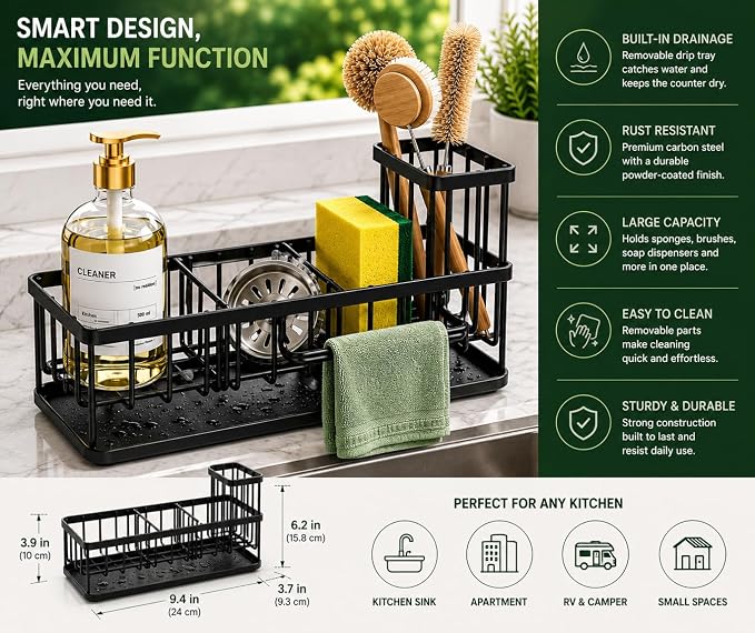 Kitchen Sink Caddy Organizer with Removable with Drain Tray, Rustproof Sponge Holder for Kitchen Counter, Carbon Steel Sink Organizer for Soap Dispenser, Sponge, Scrub Brush & Cleaning Accesories - Image 4