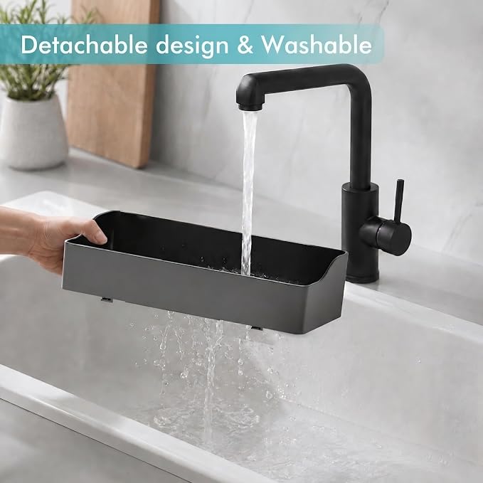 Sponge Holder for Kitchen Sink with Drying Stone, Black | Kitchen Caddy Sink Organizer, 2 Removable Cups, Premium ABS, Anti-Slip, 12.7" Sponge and Soap Holder for Kitchen Counter - Image 7