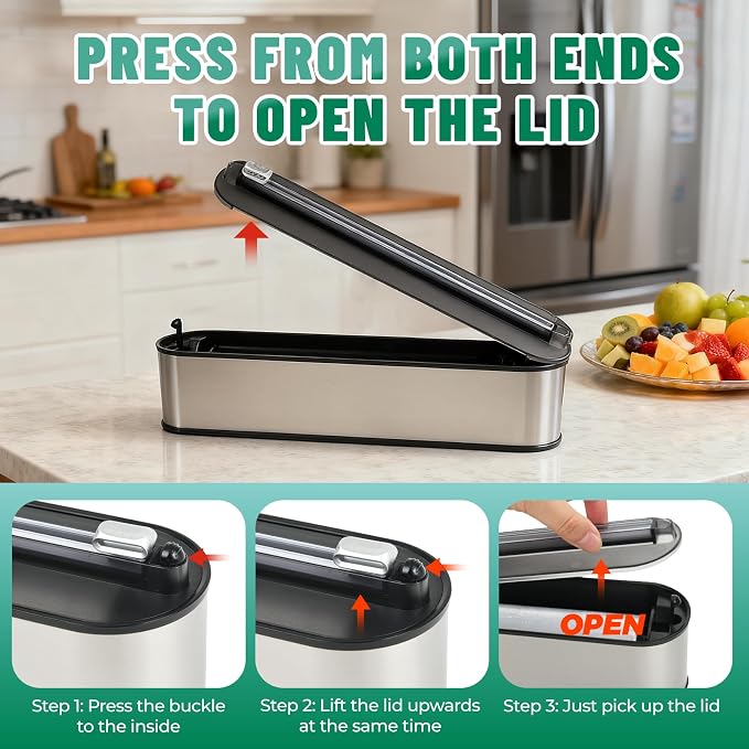 Stainless Steel & Plastic Wrap Dispenser with Cutter, Magnetic No-Drill Wall Mount Aluminum Foil Holder with Slide Cutter, for Cabinets, Space-Saving Kitchen Organizer (Silvery-Stainless Steel) - Image 3