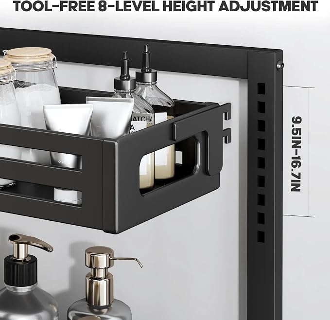 1 Pack Under Sink Organizer,Pull Out Cabinet Organizer with Smooth Cylindrical Rail,Metal Slide Out Drawer for Kitchen Bathroom Laundry Cabinet,8-Level Tool Free Height Adjustable-Black - Image 3