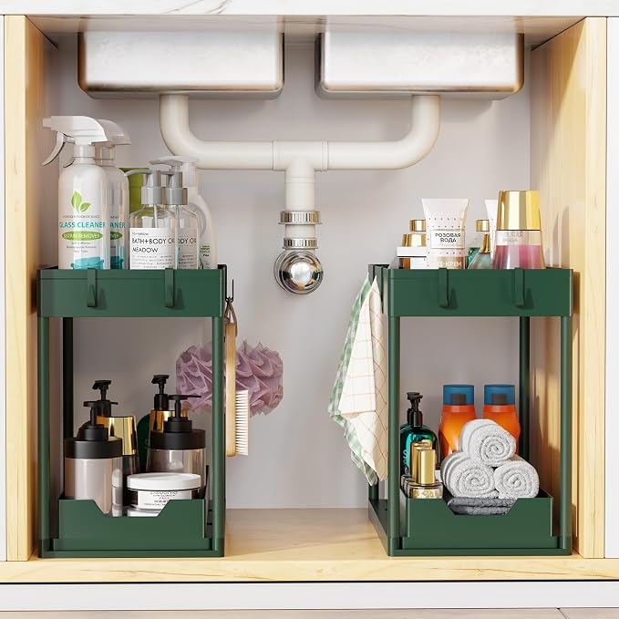 Simple Trending Under Sink Organizer 2 Pack, with Sliding Drawer, Green | 2-Tier Multi-Use Under Shelf Organizer with Hooks, Sink Pull-Out Sliding Storage Cabinet for Kitchen Bathroom, Easy Assembly - Image 7