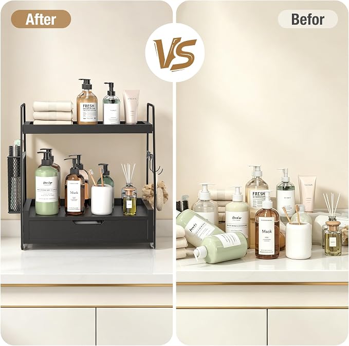 2-Tier Bathroom Counter Organizer with Drawer, Wood Counter Storage Shelf | Bathroom Vanity Organizer Countertop for Makeup, Skincare, Perfume, with Removable Basket, 13.4" x 7.9" x 14.5", Black - Image 4