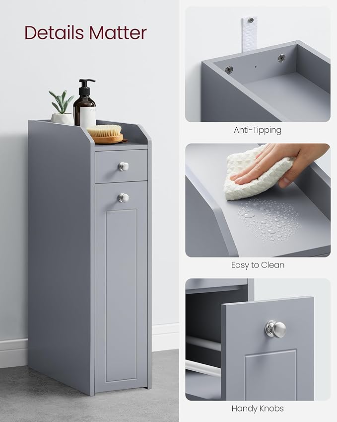 VASAGLE Small Bathroom Storage Cabinet, with Slide Out Drawers，Dove Gray | Slim Bathroom Storage Organizer, Toilet Paper Holder, for Small Spaces, Dove Gray, SIREN Collection UBBC847G02 - Image 7
