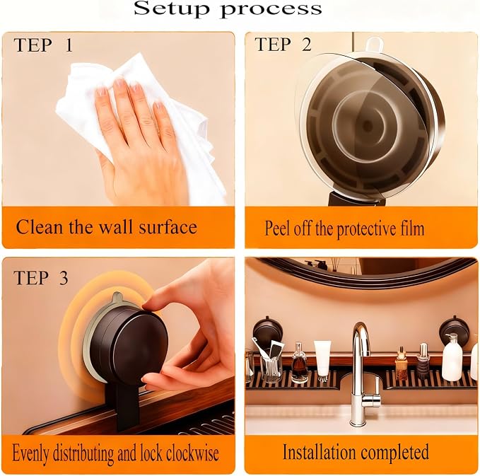 Bathroom Sink Shelf Over Faucet, No Drill, 16 Inch, Black | No-drill bathroom sink organizer shelf with suction cups and drainage holes for toothbrushes, soap, and sink essentials. - Image 7