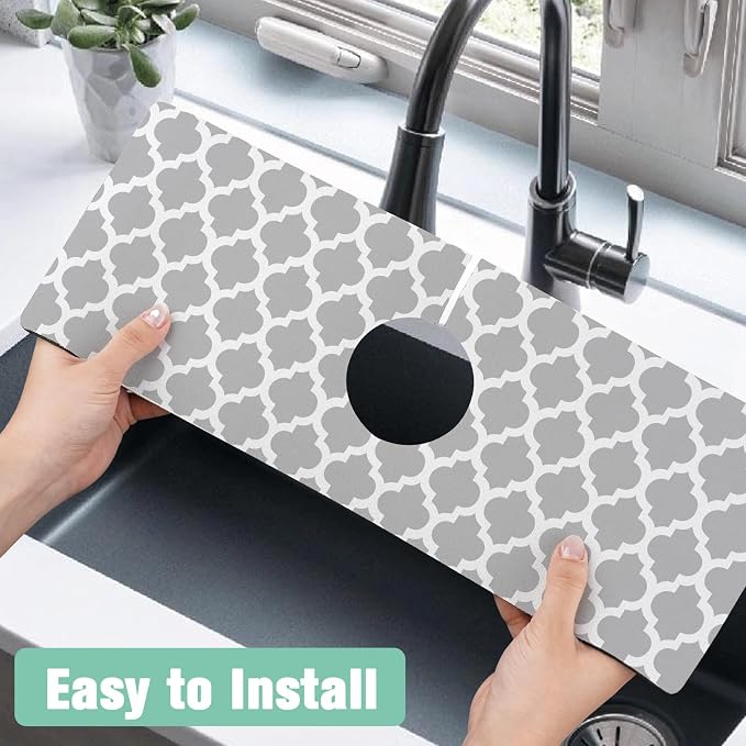 2 Pack 2 Pack Kitchen Sink Splash Guard Faucet Mat 15" X 5.5" Geometry Absorbent Fast Drying Mat Faucet Draining Mat Sink Splash Guard Behind Faucet Drip Catcher for Kitchen Bathroom - Image 5