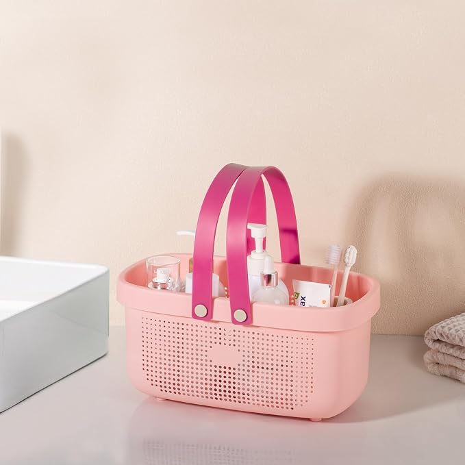 Portable Shower Caddy Basket with Handles Plastic Storage Basket Light Pink | Sturdy Drainage Large Capacity Organizer Basket with Silicone Handles for Bathroom Kitchen Bedroom College Dorm Essentials - Image 2