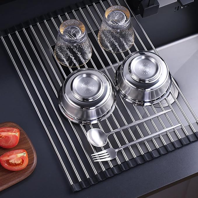 Roll-Up Sink Drying Rack 17.7"(L) x 13.8"(W) - Multipurpose Heat Resistant Over The Stainless Steel & Silicone Dish Rollable Kitchen Drainer, Black - Image 5