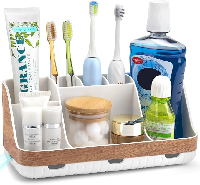 GFWARE Bathroom Countertop Organizer - Detachable 7 Slots Kids Electric Toothbrush and Toothpaste Holde Drainage for Bathroom Accessories Organization Counter Vanity Storage, Woodgrain by GFWARE