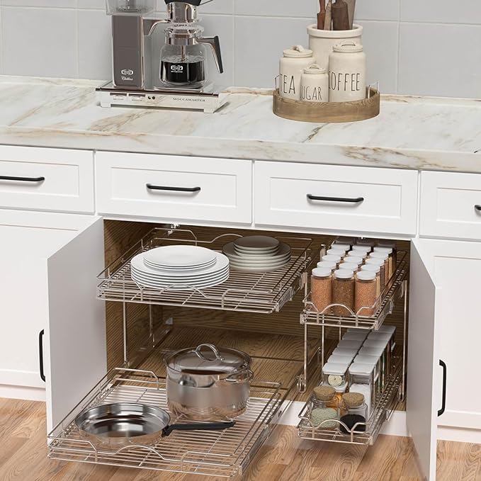 OCG 2 Tier Pull Out Cabinet Organizer (15.5" W x 21" D), Pull Out Drawers for Kitchen Cabinets, Pull Out Shelves for Base Cabinet Organization in Kitchen Bathroom Pantry, Chrome Finish - Image 5