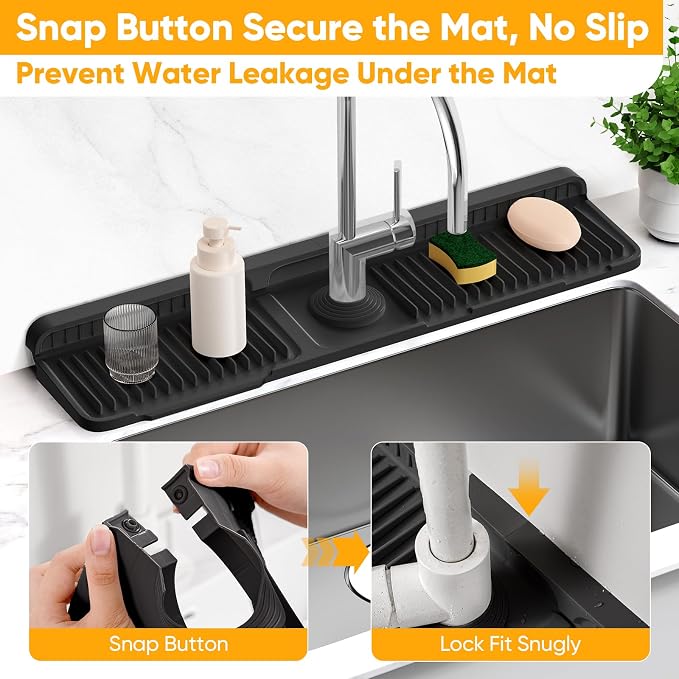24'' Longer Faucet Mat for Kitchen Sink Splash Guard[7° Slope Fast Self-draining][Snap Lock Fit]Kitchen Sink Faucet Mat Splash Guard Kitchen Sink Area Water Splash Guard Behind Faucet Draining Mat - Image 4