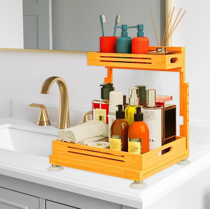 Under Sink Organizer, Premium Bamboo Wood Pull Out Cabinet Organizer, 2 Tier Slide Out Sink Shelf Cabinet Storage Shelves, Under Sink Storage for Kitchen Bathroom Cabinet - Image 7