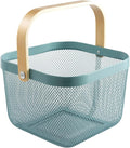 AJIODA Metal Mesh Steel Basket, Storage Organizer Basket Multi-functional Hanging Kitchen Baskets Fruit Basket Bin with Bamboo Handle for Kitchen Bathroom Picnic Shopping Decor Cabinet Home, Blue by AJIODA