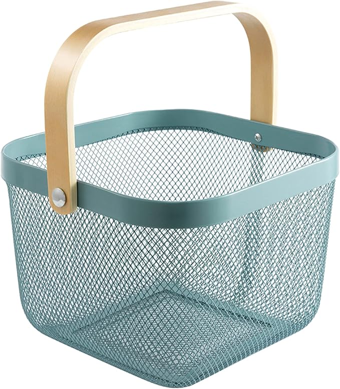 AJIODA Metal Mesh Steel Basket, Storage Organizer Basket Multi-functional Hanging Kitchen Baskets Fruit Basket Bin with Bamboo Handle for Kitchen Bathroom Picnic Shopping Decor Cabinet Home, Blue by AJIODA