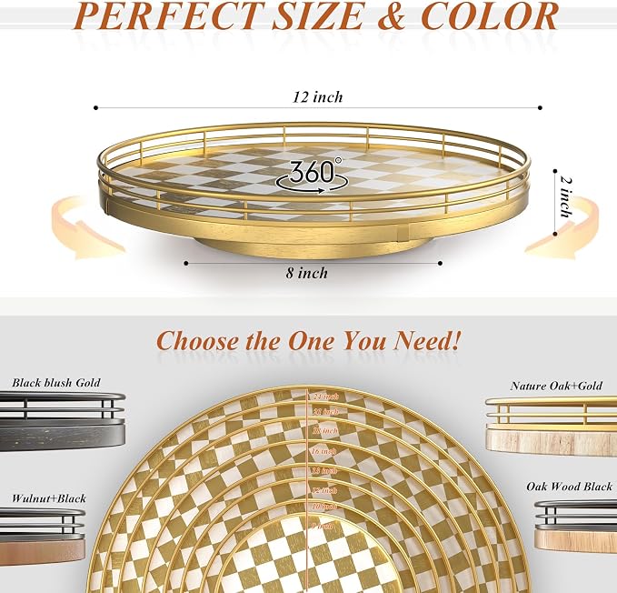 AMH 12-Inch Gold and White Checkerboard Lazy Susan with Metal Rail | Smooth rotating oak tray with walnut finish for dining tables, kitchen counters, pantries and cabinet storage. - Image 6