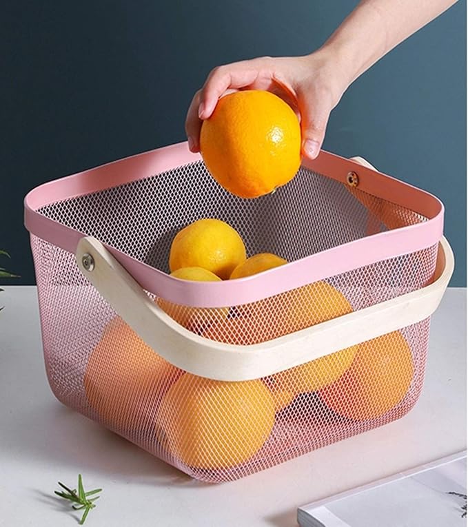 AJIODA Metal Mesh Steel Basket, Storage Organizer Basket Multi-functional Hanging Kitchen Baskets Fruit Basket Bin with Bamboo Handle for Kitchen Bathroom Picnic Shopping Decor Cabinet Home, Pink - Image 7