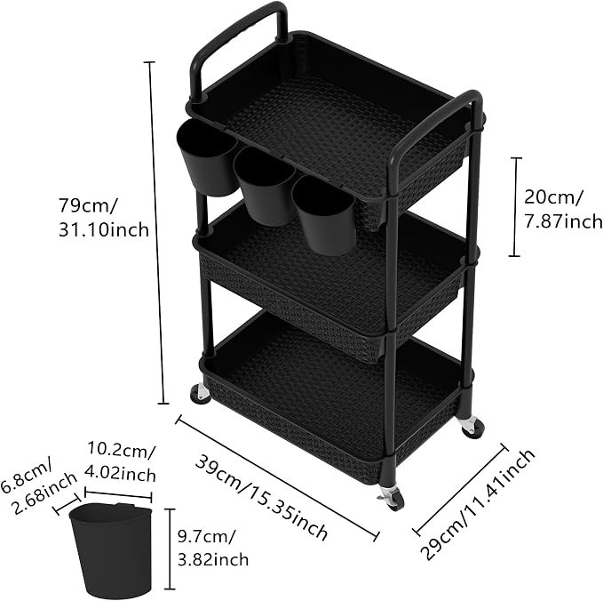 MOYIPIN 3-Tier Plastic Rolling Utility Cart with Handle,Utility Storage Cart for Office, Living Room, Kitchen,Movable Storage Organizer Shelves,Black with 3 Hanging Cups - Image 2