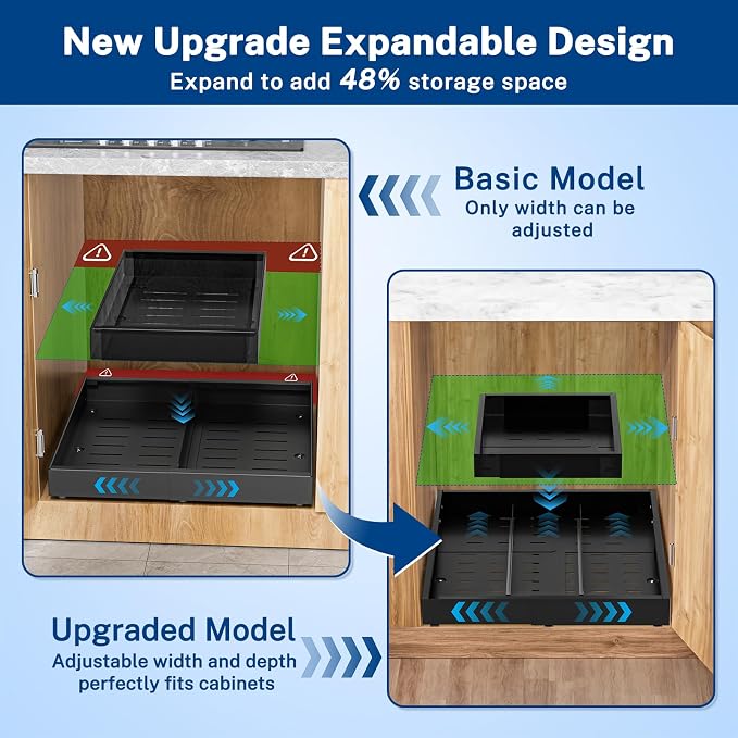 Insputer 1 Pack Pull Out Cabinet Organizer Expandable (12.4"-20.08")W & (16.26"-22.44")D, No Drill Slide Out Drawers with 3 Slide Rail, 2Pcs Magnetic Panel, Adhesive Roll Out Shelf for Kitchen, Pantry - Image 2