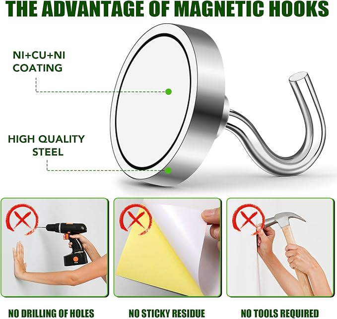 Magnetic Hooks 120LB Strong Magnet with Hook for Refrigerator | Super Neodymium Magnetic Cruise Hooks Locker Organizer Industrial Hook Outdoor Hanging Brackets Grill 12 Pcs - Image 3