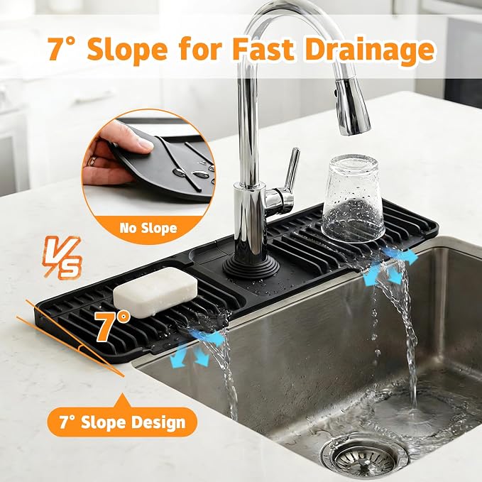 Silicone Faucet Mat for Kitchen Sink, 24" Splash Guard 7° Slope Fast Drain | Adjustable hole cutout for easy install, fits kitchen & bathroom sinks; food-grade silicone, easy to clean, keeps counter dry - Image 3