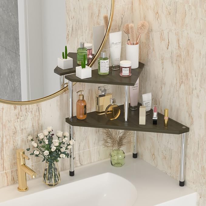 Weenson Bathroom Counter Organizer Corner Shelf - 2 Tier Bathroom Organization Bamboo Bathroom Sink Shelf Kitchen Countertop Organizer Adjustable Free-Standing Counter Storage Shelf(Antique) - Image 5