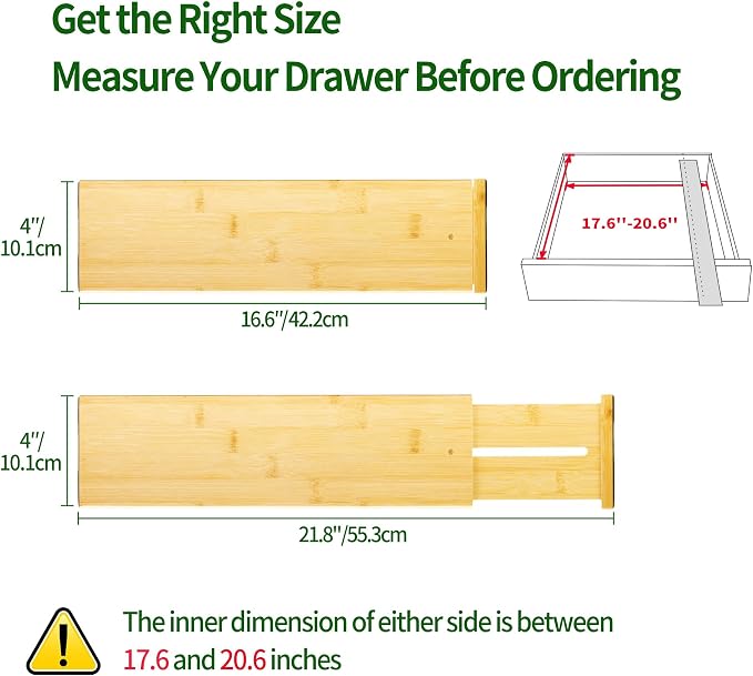 VaeFae 3 Pack Bamboo Drawer Dividers, 4" High Adjustable 16.6" - 21.8" Clothes Drawer Organizers, Expandable Separators for Bedroom/Bathroom/Kitchen/Office Storage - Image 3