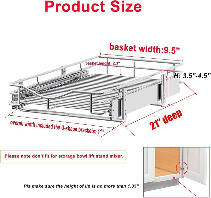 DINDON 1 Tier Pull Out Cabinet Organizer (11" W x 21" D) Heavy-Duty Metal Sliding Drawer Shelf, Slide Out Wire Basket for Kitchen Cabinets, Pantry, Bathroom, Chrome Finish… - Image 2
